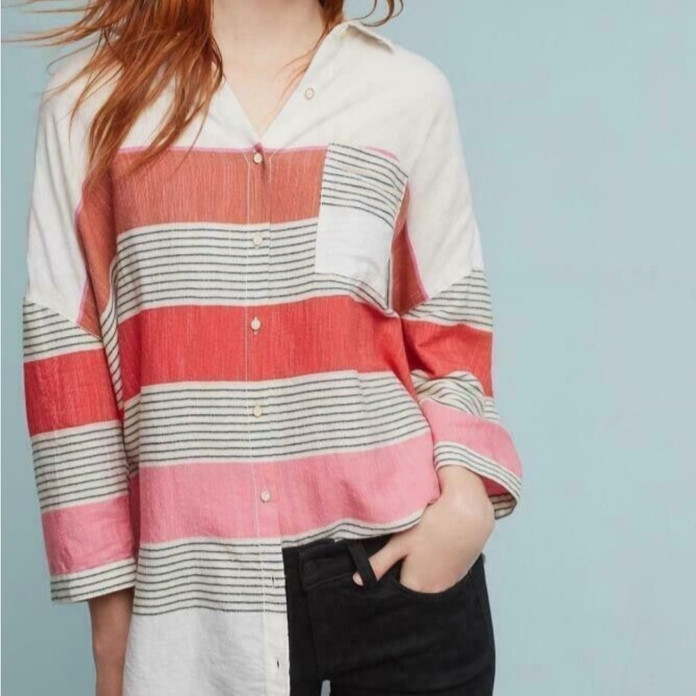 Anthropologie Holding Horses Monroe Striped Button Down Oversized Top Size M/L